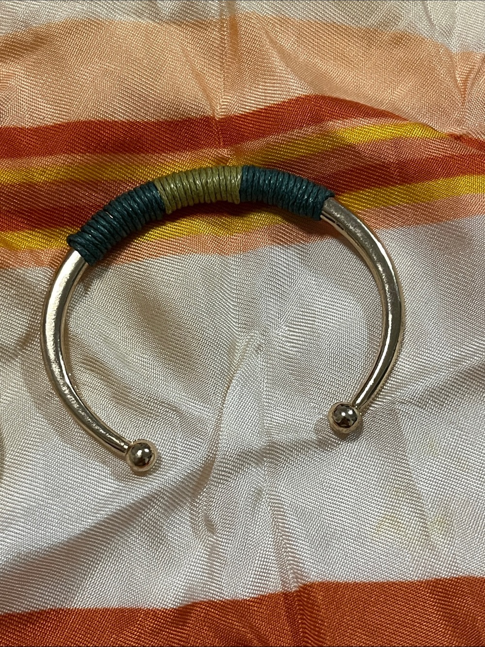 Vintage Silver Cuff Bracelet with Teal and Olive Thread Wrap